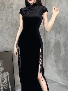 Романтические готические бархатные эстетические платья Винтажные женские черные бандажные облегающие платья SlitHem Сексуальная вечерняя одежда Cheongsam