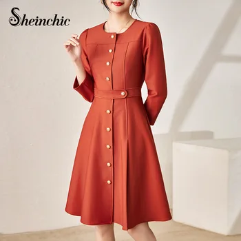 Корейская модная Осенняя одежда Для женщин 2023, Элегантное мини-платье с круглым вырезом и длинным рукавом с золотой пуговицей, Vestido Feminino