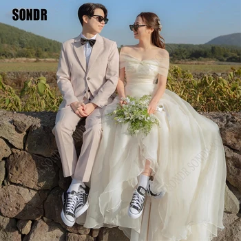 SONDR Корейское свадебное платье цвета слоновой кости Morden с открытыми плечами, свадебное платье из органзы трапециевидной формы, вечерние платья без рукавов для женщин 2024 г.