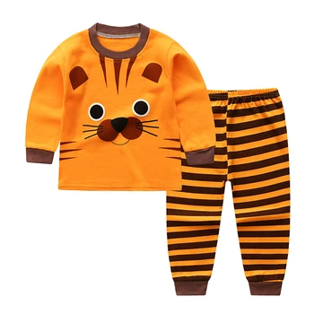 Хлопковый детский пижамный костюм, подходящий для всех сезонов, Детские пижамные комплекты с длинными рукавами и мультяшным тигровым принтом