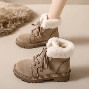 Женская обувь в продаже 2023, Женские ботинки на шнуровке, зимние плюшевые флисовые зимние ботинки с круглым носком и коротким бочком на низком каблуке.