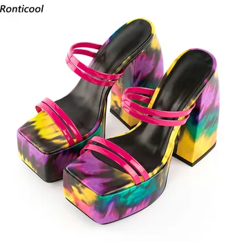 Ronticool / Новое поступление, женские босоножки-шлепанцы на платформе, лакированная кожа, блочный каблук, открытый носок, разноцветные вечерние туфли, Размер США 4-12