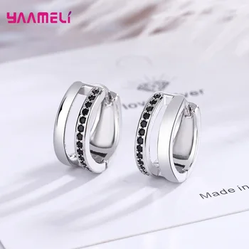 Корейский стиль, Серебро 925 Пробы, Простые серьги-кольца с черными кристаллами Для женщин, девочек, Свадебные роскошные ювелирные изделия Оптом