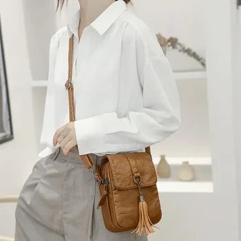 Женские сумки через плечо из мягкой кожи, высококачественная однотонная сумка через плечо с кисточками, Ретро-кошелек для мобильного телефона, дизайнерская сумка