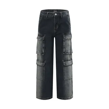 Мужские джинсовые брюки-карго свободного покроя с множеством карманов, модные выстиранные винтажные мешковатые джинсовые брюки Оверсайз