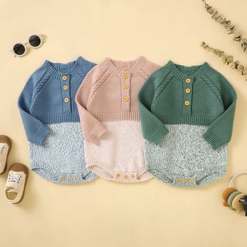 Одежда для маленьких девочек и мальчиков 0-18 месяцев, Осенне-зимний свитер, Комбинезон с длинным рукавом контрастного цвета, Вязаный комбинезон на пуговицах.