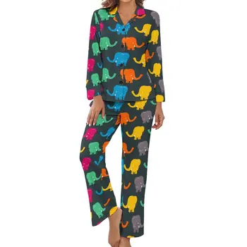 Пижама-слоненок с длинным рукавом, Разноцветные Домашние пижамы с животными, комплект из двух предметов, Весенняя женская пижама в стиле ретро с V-образным вырезом