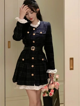Французское винтажное осеннее Женское Корейское модное элегантное вечернее мини-платье, милое цельное платье с длинным рукавом, новинка 2023 года