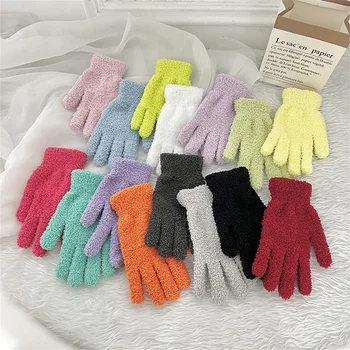 Зимние утолщенные перчатки, женские теплые плюшевые перчатки с разрезом пальцев, однотонные коралловые бархатные перчатки, простые модные вязаные перчатки в наличии