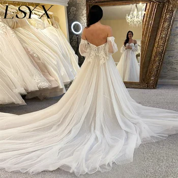 Свадебное платье трапециевидной формы в стиле LSYX Boho С открытыми плечами, съемными пышными рукавами, Кружевное свадебное платье из тюля на молнии сзади с высоким разрезом по бокам