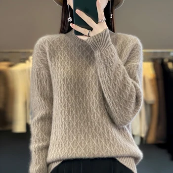 Осенне-зимний новый кашемировый свитер с полувысоким вырезом, женский толстый свитер с бриллиантами, свободный пуловер из 100% шерсти, трикотажная нижняя рубашка