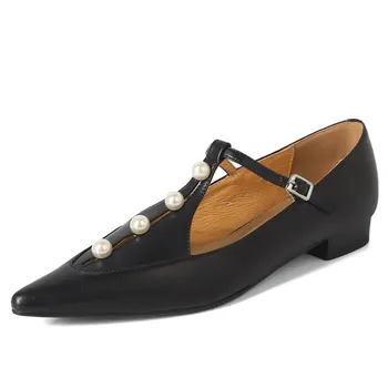 Модные женские тонкие туфли из натуральной кожи с острым носком На низком каблуке, украшенные жемчугом, Однотонные туфли с мелким горлом.