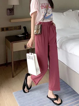 S-XL 3 цвета, костюм в корейском стиле, прямые брюки, женское лето 2023, летние прямые длинные брюки с высокой талией, закатанные женские (77078)