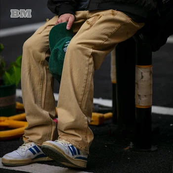 Японская уличная одежда, высококачественные рваные брюки-карго для мужчин, одежда Harajuku, повседневные прямые брюки, модные брюки-красители для мужчин