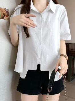 2023 Blusas Mujer De Moda Корейские Блузки для Женщин, Повседневные Универсальные Свободные Рубашки С Коротким Рукавом, Шикарная Асимметрия, Белая Блузка, Топы
