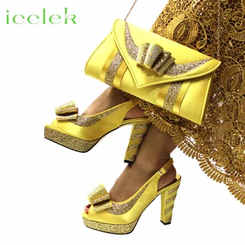Желтые итальянские женские туфли и сумка с аппликацией в тон, высококачественные удобные каблуки со сверкающими кристаллами для вечеринки по случаю дня рождения