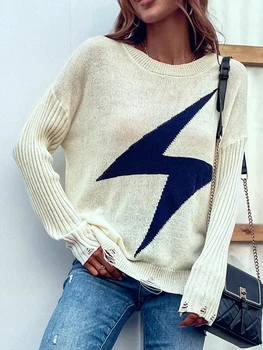 Дизайн с отверстиями на молнии, женский мягкий вязаный свитер из Нью-Джерси с круглым вырезом и длинным рукавом, повседневная теплая уличная одежда, пуловеры