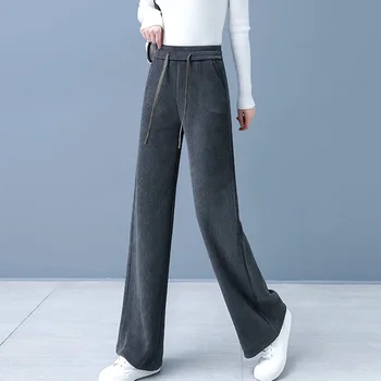 Женские повседневные Широкие прямые брюки С карманами, эластичный пояс, вельветовые брюки с высокой талией, теплая флисовая подкладка, утолщенные, свободные