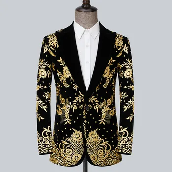 Мужские платья с золотой цветочной вышивкой, костюмы, куртки для свадебной вечеринки, ужина, высококачественный Модный бренд, мужской приталенный смокинг, блейзер