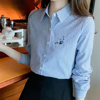 Хлопчатобумажная рубашка с вышивкой в полоску, Женская блузка с длинными рукавами 2023 года, Новая модная блузка Atumn, Корейская Повседневная рабочая одежда, Белая рубашка