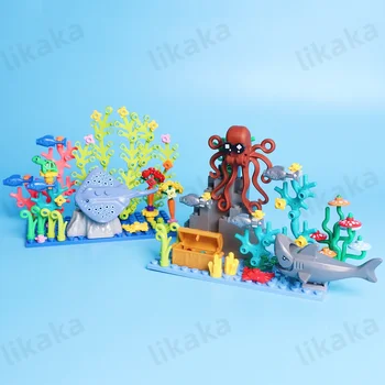 Подводный мир, морские животные, строительные блоки, игрушки, скаты, черепахи, рыбы, осьминоги с водными растениями, набор блоков, игрушки для детей 