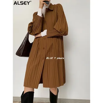 ALSEY Miyake, однобортная ветровка с плиссированными лацканами, женское осенне-зимнее корейское однотонное элегантное пальто средней длины в корейском стиле