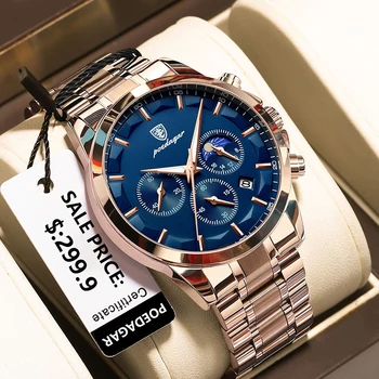 Спортивные часы POEDAGAR из розового золота, мужские брендовые водонепроницаемые Роскошные люминесцентные кварцевые часы для мужчин, секундомер из нержавеющей стали, часы 2023