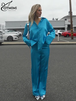 Oymimi Модные Синие атласные комплекты брюк для женщин, элегантная рубашка с длинным рукавом и высокой талией, широкие брюки из 2 предметов, комплект женской уличной одежды
