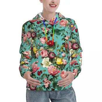Повседневные толстовки с цветочным принтом розы, Винтажные свитшоты с капюшоном в стиле Харадзюку, Уличная одежда с длинным рукавом, пуловер Оверсайз, толстовка с капюшоном