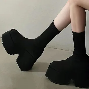 Осенне-зимние женские носки и ботинки Matsuke на толстой подошве с большим квадратным носком и высоком каблуке 2023 года в европейском и американском стиле