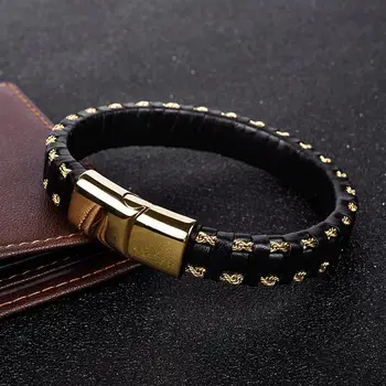 Jiayiqi Панк Новый Кожаный браслет Черная тесьма Золотого цвета Браслеты из нержавеющей стали для мужчин Ювелирные изделия Модные Рождественские подарки