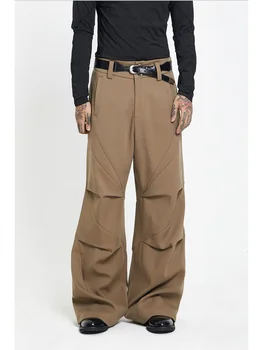 Повседневные брюки с чувством дизайна, Осенние складки из саржи, Свободные прямые брюки для костюма с микро-укорочением