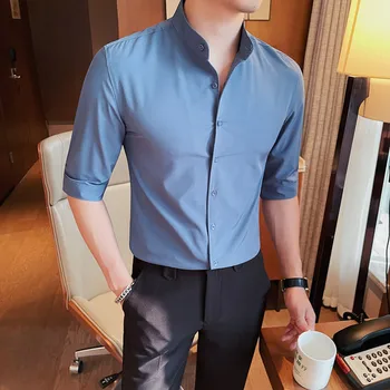 Брендовая одежда Мужская рубашка с короткими рукавами, однотонная повседневная рубашка с приталенным воротником-стойкой, мужские деловые вечерние рубашки