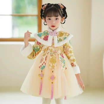 Бархатное платье принцессы на Новый год Hanfu Girl Winter Thick Qipao Kids Dress Для представления Поздравление с китайским Новым годом