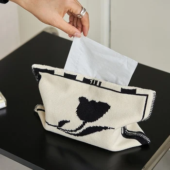 Винтажная вязаная тканевая сумка с рисунком тюльпана, современная простая домашняя декоративная тканевая сумка, декоративная коробка для салфеток для обеденного стола в скандинавском стиле