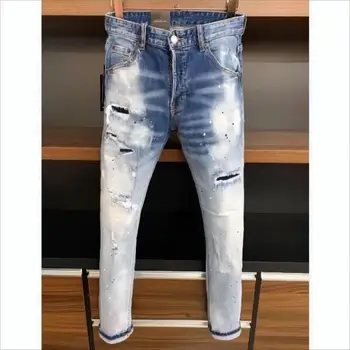 Мужские модные джинсы с дырочками, окрашенные распылителем, Модные мото- и байкерские повседневные брюки из джинсовой ткани с буквенным принтом 9612#