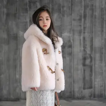 Зимняя Корейская Модная Детская Шуба из 100% шерсти, Однобортный Дизайн С капюшоном, Теплая куртка Из Овечьей шерсти Для Девочек A3148