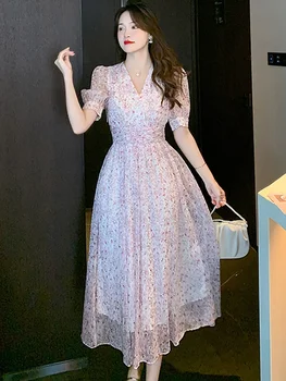 Розовое шифоновое длинное платье в цветочек для выпускного вечера Летнее элегантное облегающее офисное женское платье 2024 года с коротким рукавом и V-образным вырезом Облегающее платье Vestidos H88
