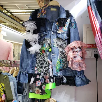 3D Цветы Леопардовая сетка С оборками Джинсовая куртка с расклешенными рукавами и вышивкой блестками Джинсовая куртка Газовые ковбойские топы уличной одежды