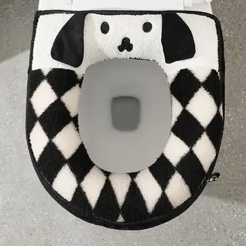 Коврик для унитаза с мультяшной собакой, плюшевый зимний теплый чехол для сиденья унитаза с мультяшной собакой, утолщенный набор прокладок для ванной комнаты с застежкой-молнией на случай непогоды