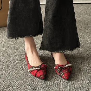 Модная женская обувь в красную клетку в стиле ретро, Новинка 2024 года, женские туфли на плоской подошве с острым носком, легкие и удобные женские тонкие туфли