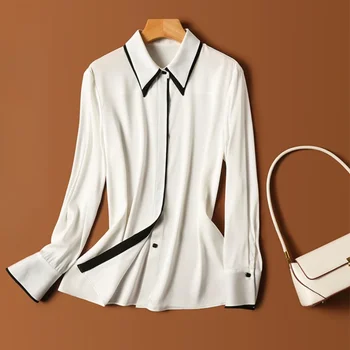 Шелковая женская рубашка, модные Атласные блузки, женская одежда, Весна / Лето, Свободные Однотонные повседневные топы с длинными рукавами YCMYUNYAN
