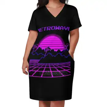 Дизайн Synthwave Retrowave Для любителей музыки восьмидесятых, свободная юбка с V-образным вырезом и коротким рукавом, Элегантное платье высокого качества, легкое.