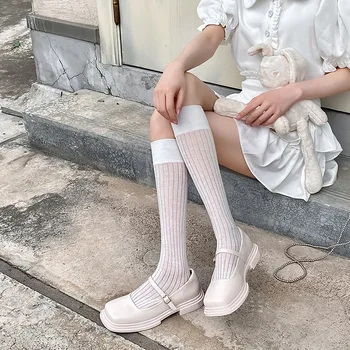 Летние Тонкие дышащие женские носки до икр, японские крутые женские Тонкие длинные носки, Прозрачные носки-трубки, Однотонные Черные Белые носки