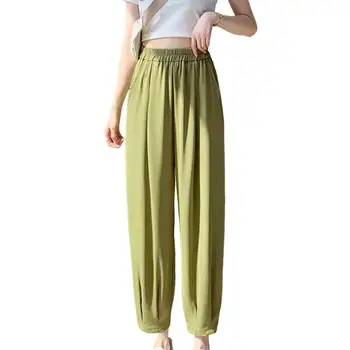 Летние женские брюки с карманами на высокой талии, манжетами с усадкой, повседневные шаровары из шелка Айс