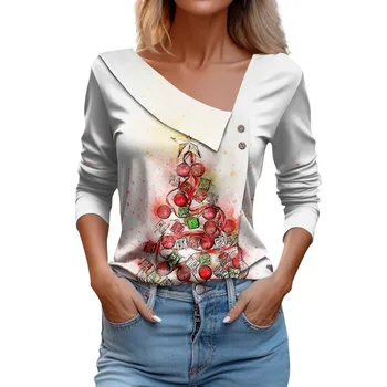 Женская футболка, Рождественская блузка с принтом Снежинки, Элегантный косой воротник на пуговицах, пуловеры с длинным рукавом, женские модные праздничные топы