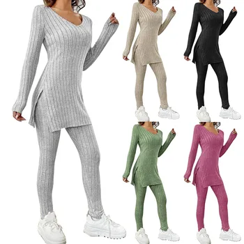Весенние модные трикотажные костюмы 2024, Повседневный Свободный пуловер + эластичные Длинные брюки, трикотажные однотонные комплекты-двойки с принтом, одежда