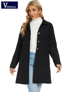 Простой черный тренч Vangull, женская верхняя одежда, Весенняя однобортная ветровка, Офисное женское пальто свободного кроя с длинными рукавами