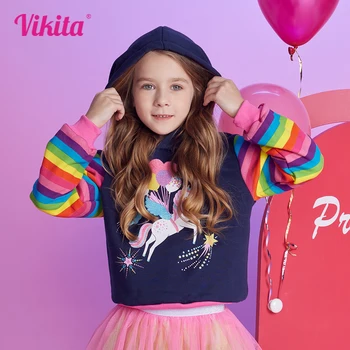 Толстовки с принтом единорога для девочек VIKTIA, детская толстовка в полоску, детская хлопковая верхняя одежда с длинными рукавами, осень-зима, Хлопчатобумажная верхняя одежда с капюшоном от 3 до 12 лет