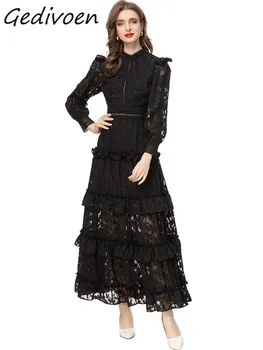 Осеннее модное дизайнерское черное винтажное кружевное платье Gedivoen, женское платье с рукавом-фонариком, вышивкой и оборками, тонкое длинное платье с высокой талией, облегающее длинное платье
